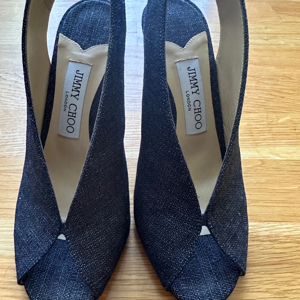 Jimmy Choo denim peep toe sling back heels size 36.5